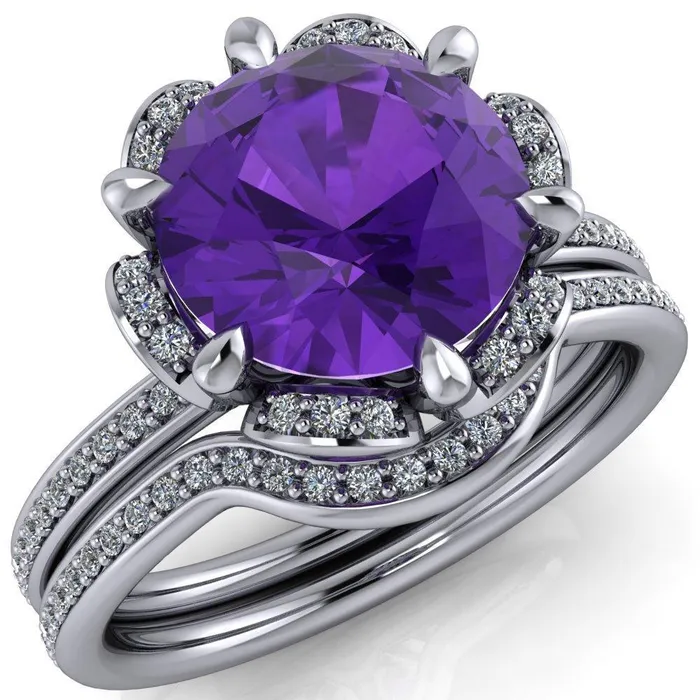 Daisy Round Amethyst Floral Diamond Basket Design and Diamond Shoulders Ring Fire Brilliance Rings