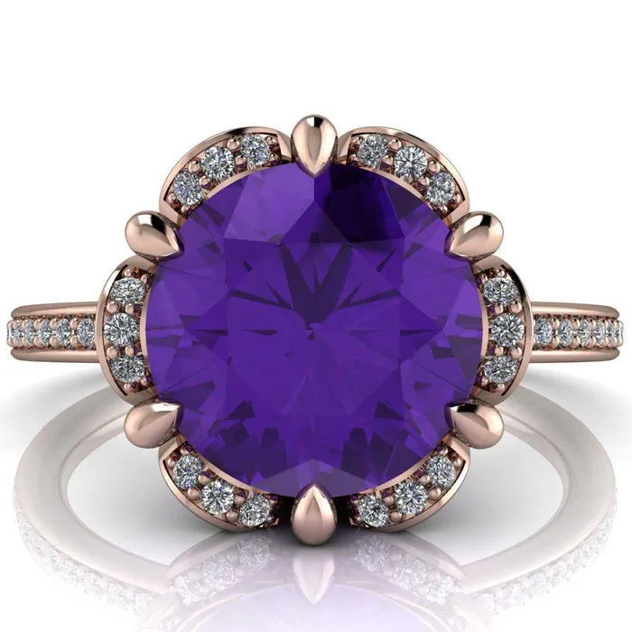 Daisy Round Amethyst Floral Diamond Basket Design and Diamond Shoulders Ring Fire Brilliance Rings