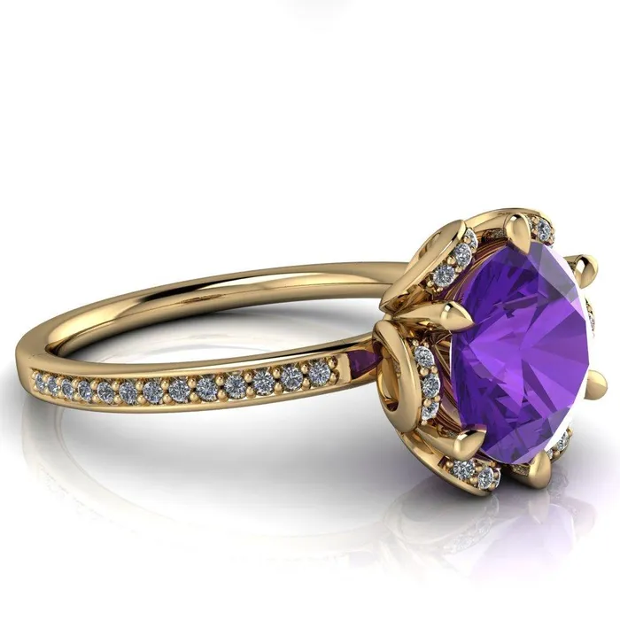 Daisy Round Amethyst Floral Diamond Basket Design and Diamond Shoulders Ring Fire Brilliance Rings