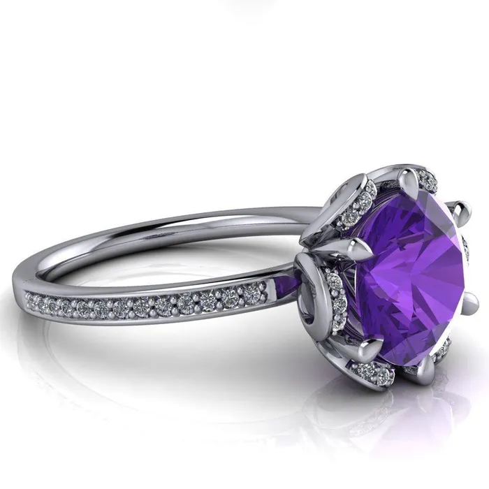 Daisy Round Amethyst Floral Diamond Basket Design and Diamond Shoulders Ring Fire Brilliance Rings
