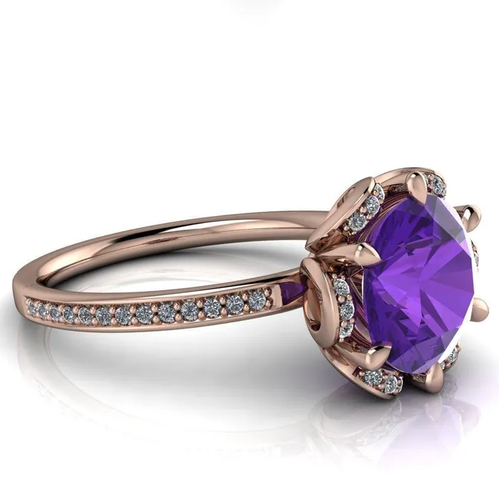 Daisy Round Amethyst Floral Diamond Basket Design and Diamond Shoulders Ring Fire Brilliance Rings