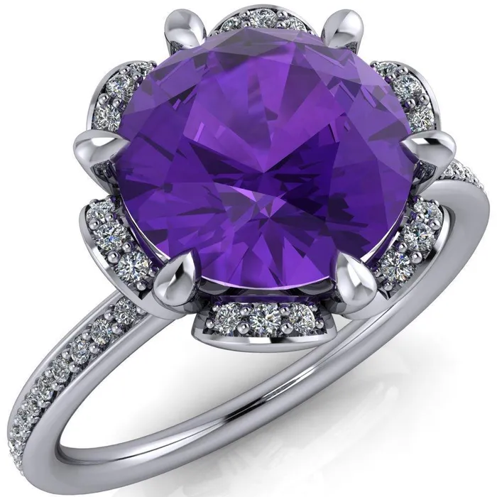 Daisy Round Amethyst Floral Diamond Basket Design and Diamond Shoulders Ring Fire Brilliance Rings