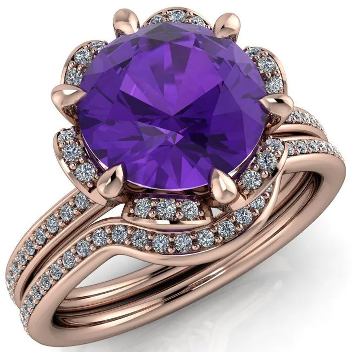 Daisy Round Amethyst Floral Diamond Basket Design and Diamond Shoulders Ring Fire Brilliance Rings