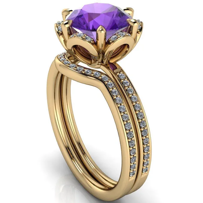 Daisy Round Amethyst Floral Diamond Basket Design and Diamond Shoulders Ring Fire Brilliance Rings