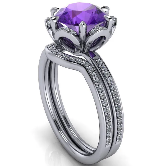 Daisy Round Amethyst Floral Diamond Basket Design and Diamond Shoulders Ring Fire Brilliance Rings