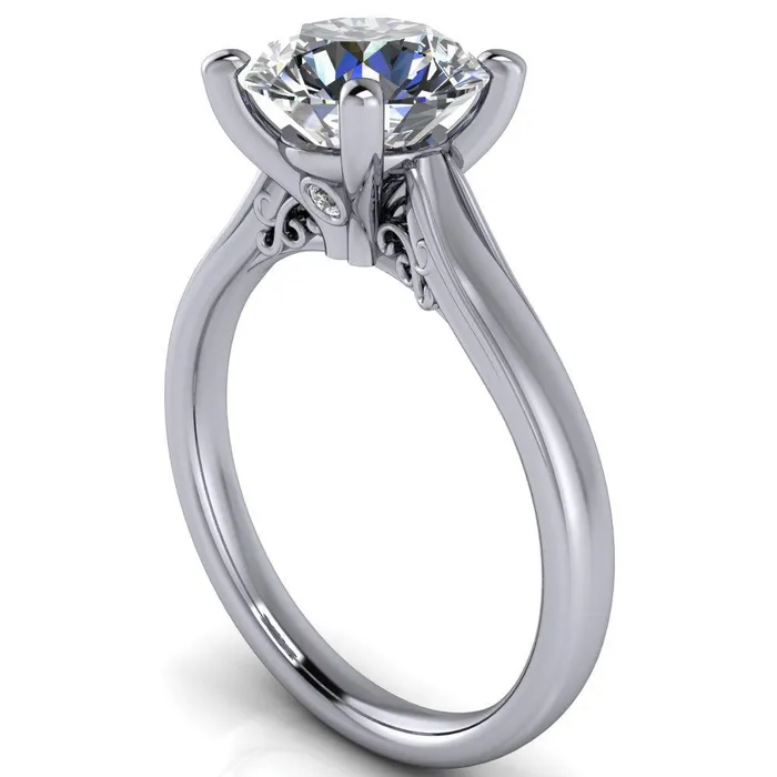 Daphne Round Center Stone 4 Prong Scrolls Bezel Accent Diamond Engagement Ring Fire Brilliance Rings
