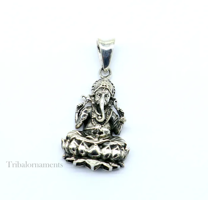 Divine lord Ganesha sitting on lotus blessing pendant excellent vintage designer 925 sterling silver handmade jewelry from india ssp959 TRIBAL ORNAMENTS Necklaces