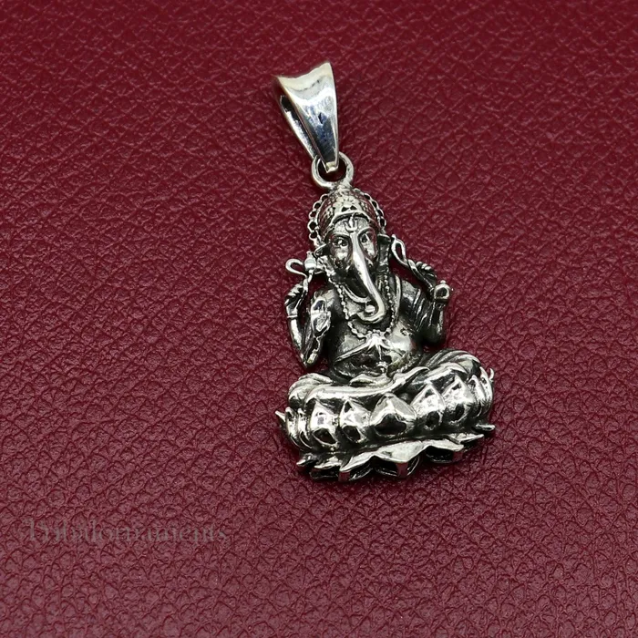 Divine lord Ganesha sitting on lotus blessing pendant excellent vintage designer 925 sterling silver handmade jewelry from india ssp959 TRIBAL ORNAMENTS Necklaces