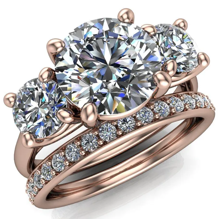 Donna Round Center Stone Classic Cathedral 3 Stone Ring Fire Brilliance Rings