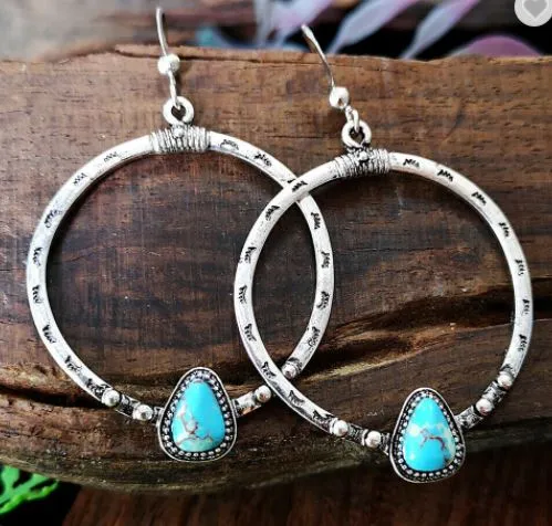 E1453 Silver Etched Hoop Turquoise Stone Earrings polly Earrings