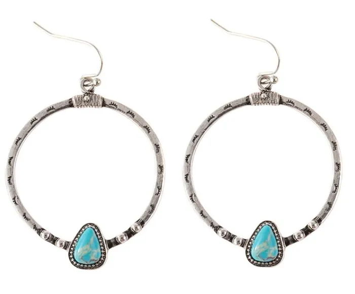E1453 Silver Etched Hoop Turquoise Stone Earrings polly Earrings