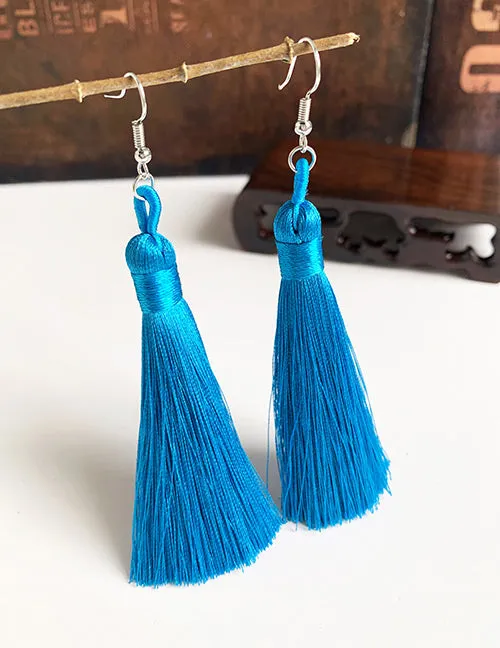 E68 Teal Blue Long Tassel Earrings 02 Earrings