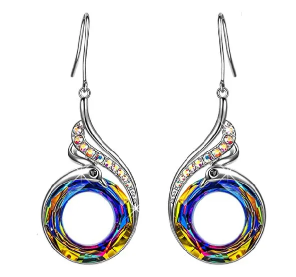 E899 Silver Iridescent Gem Peacock Earrings polly Earrings