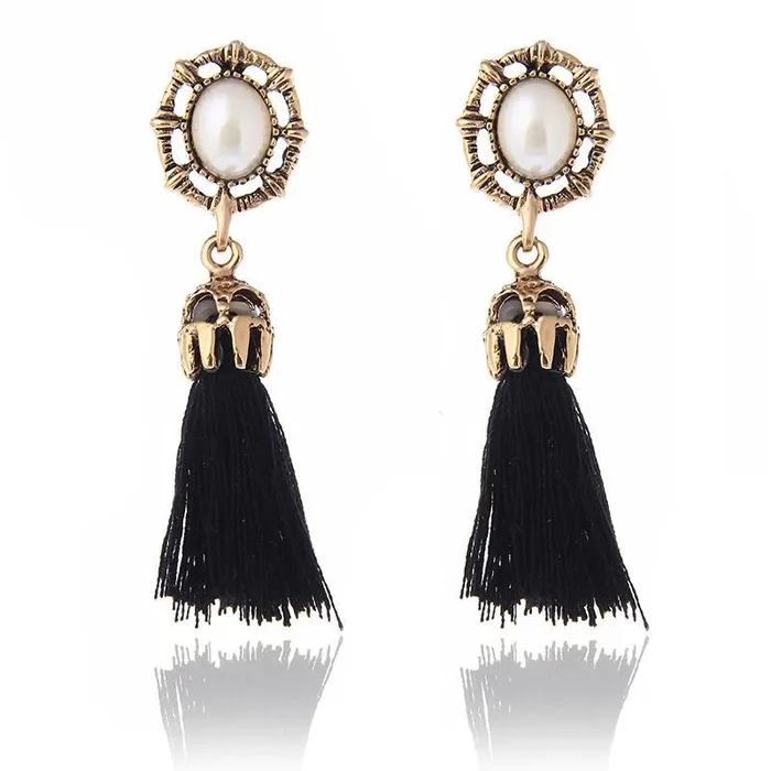 Earrings 01 E10 Gold Antique Look Pearl Black Tassel Earrings