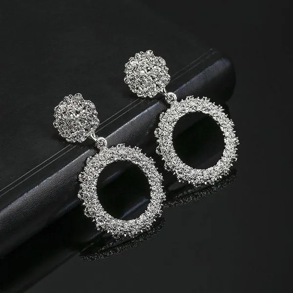 Earrings 01 E1401 Silver Textured Circle and Hoop Earrings