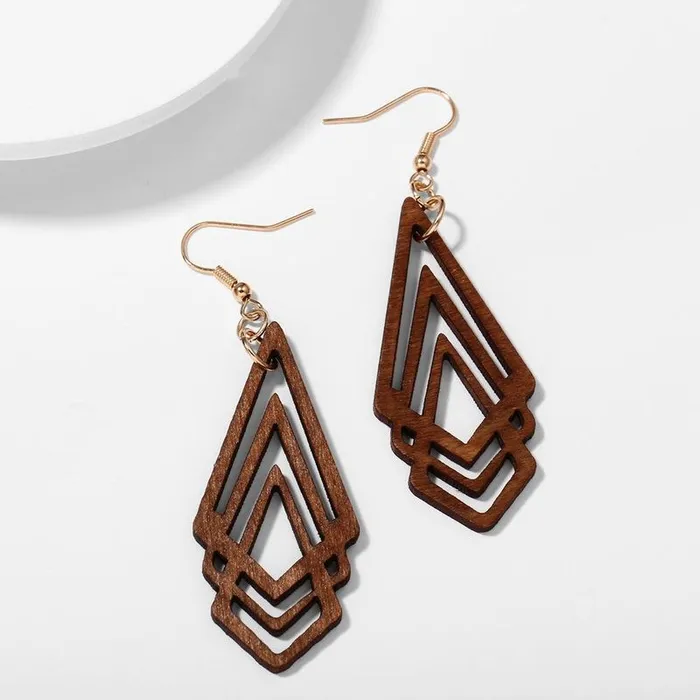 Earrings 01 E556 Brown Wooden Geometric Design Earrings