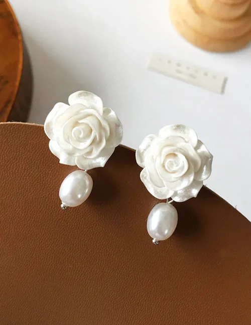 Earrings 02 E1883 Silver White Rose Pearl Dangle Earrings