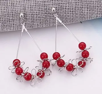 Earrings 02 E253 Red Bead Flower Design Earrings