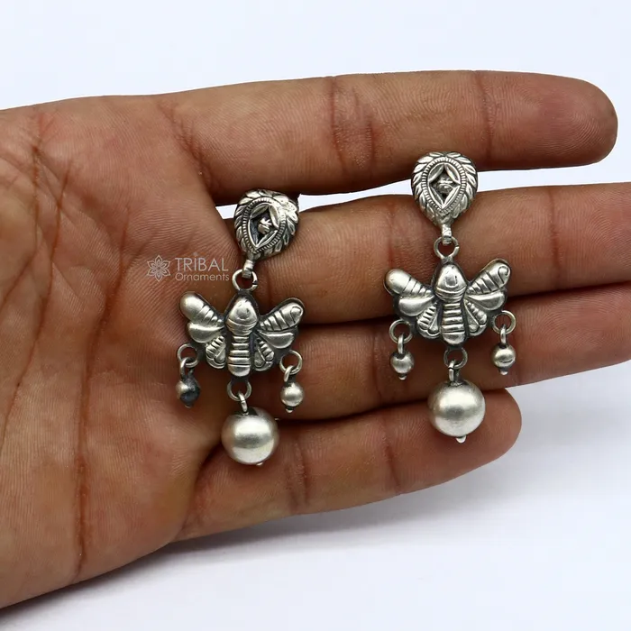 Earrings 925 sterling silver handmade fabulous light weight Stud dangler earring butterfly design excellent ethnic tribal functional Earrings s1246 TRIBAL ORNAMENTS