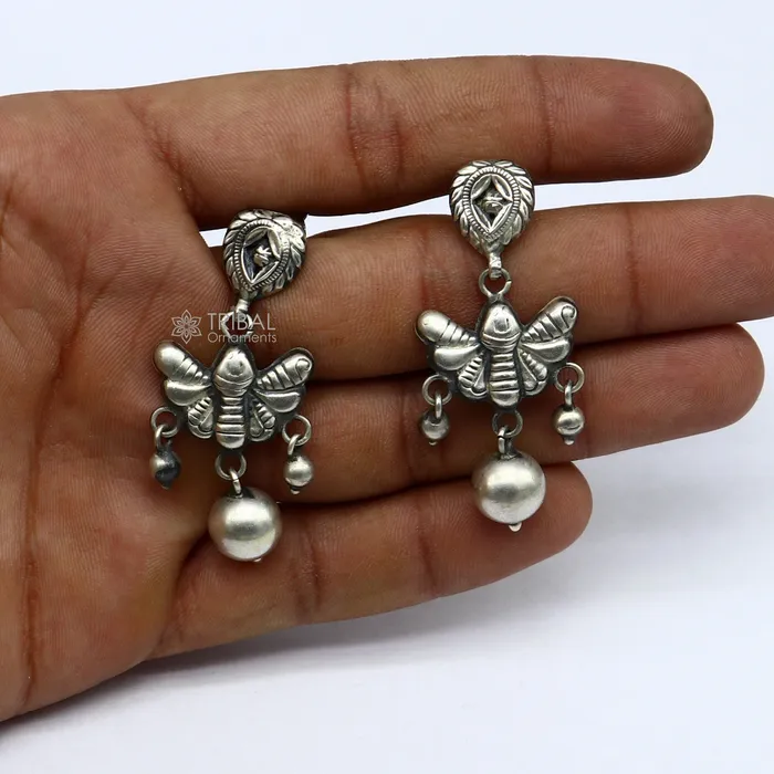 Earrings 925 sterling silver handmade fabulous light weight Stud dangler earring butterfly design excellent ethnic tribal functional Earrings s1246 TRIBAL ORNAMENTS