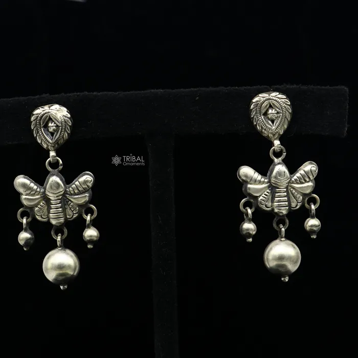Earrings 925 sterling silver handmade fabulous light weight Stud dangler earring butterfly design excellent ethnic tribal functional Earrings s1246 TRIBAL ORNAMENTS