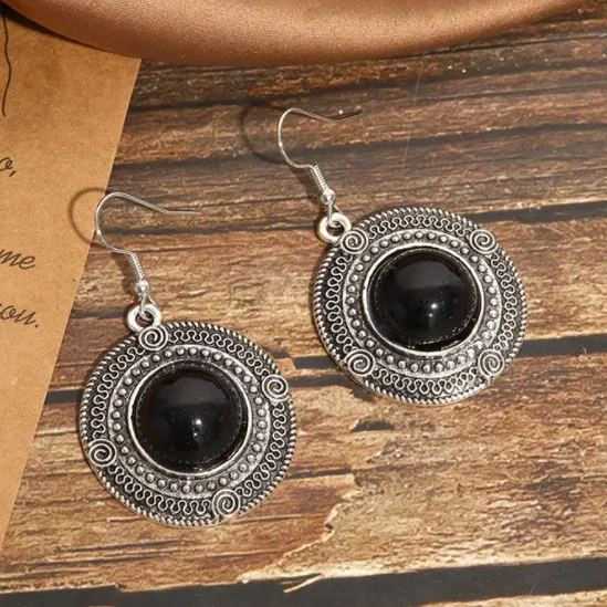 Earrings E1243 Silver Decorated Black Gem Earrings polly