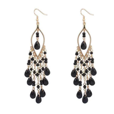 Earrings E161 Large Gold Black Beaded Dangle Earrings 02