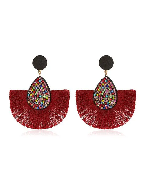 Earrings E1926 Multi Color Rhinestone BurgundyRed Fan Shape Earrings 02