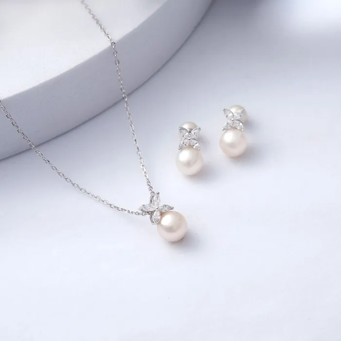 Earrings Pearly Lustre Top Grade Freshwater Pearl Necklace Earrings Set WS00111 EVERLEAF