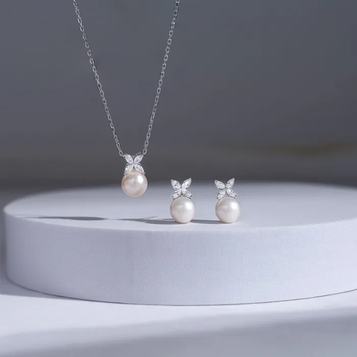 Earrings Pearly Lustre Top Grade Freshwater Pearl Necklace Earrings Set WS00111 EVERLEAF