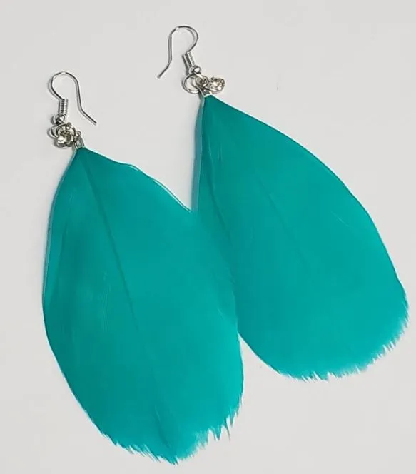 Earrings POLLY E428 Large Teal Feather with Rhinestone Earrings