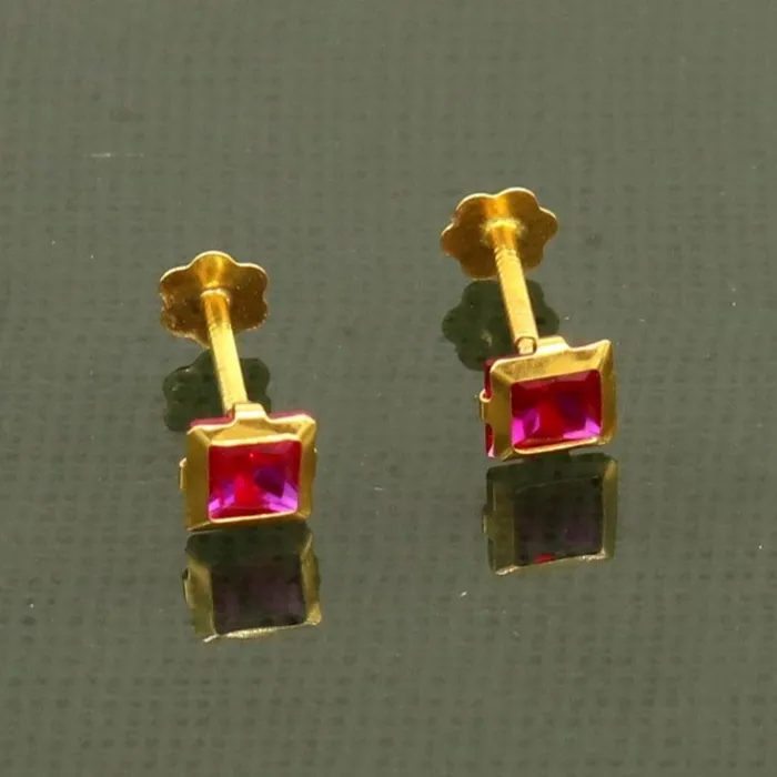Earrings TRIBAL ORNAMENTS 3MM354mm single red stone 18kt yellow gold handmade square shape fabulous screw back stud earring or nose in unisex jewelry er122