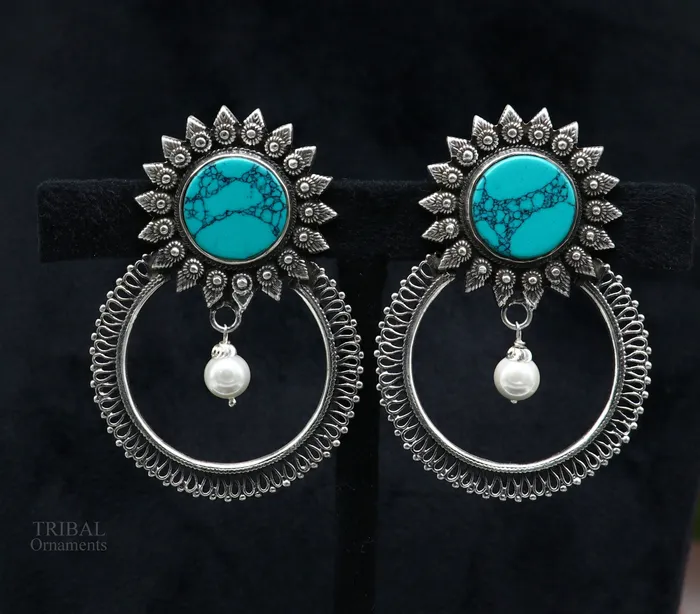 Earrings TRIBAL ORNAMENTS 925 sterling silver handmade stud earring stylish turquoise stone chandbali earring best wedding jewelry brides gifting earrings ear1141 Earrings TRIBAL ORNAMENTS 925 sterling silver handmade stud earring stylish turquoise stone chandbali earring best wedding jewelry brides gifting earrings ear1141