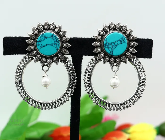 Earrings TRIBAL ORNAMENTS 925 sterling silver handmade stud earring stylish turquoise stone chandbali earring best wedding jewelry brides gifting earrings ear1141