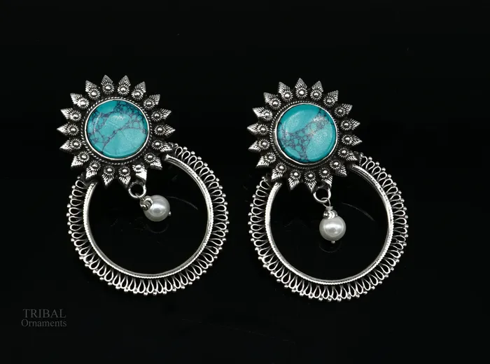 Earrings TRIBAL ORNAMENTS 925 sterling silver handmade stud earring stylish turquoise stone chandbali earring best wedding jewelry brides gifting earrings ear1141