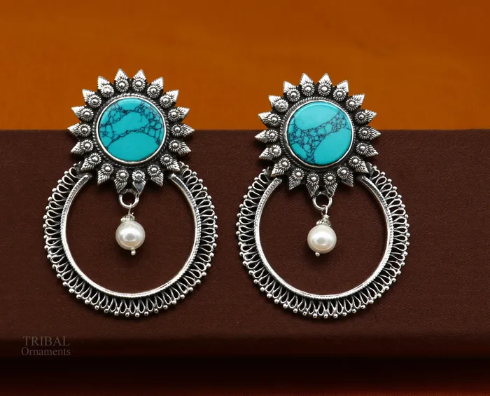 Earrings TRIBAL ORNAMENTS 925 sterling silver handmade stud earring stylish turquoise stone chandbali earring best wedding jewelry brides gifting earrings ear1141