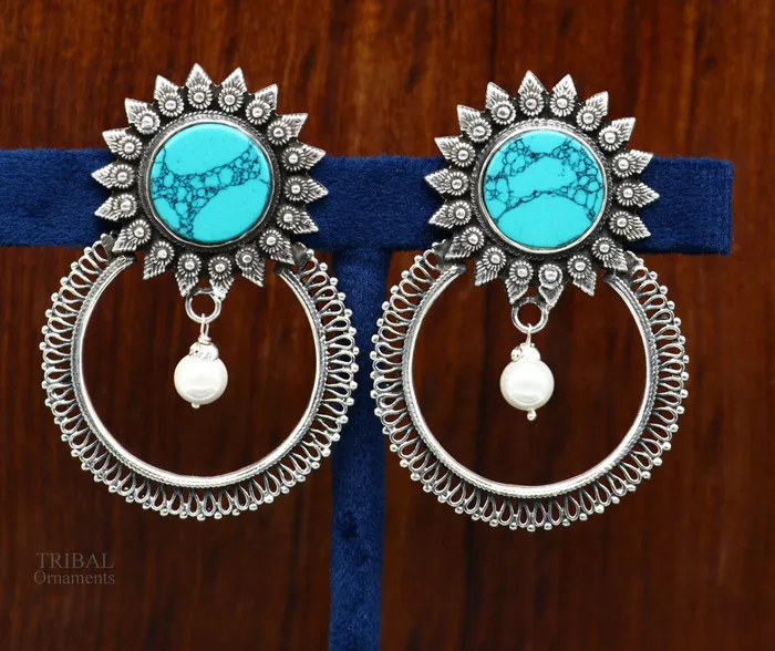 Earrings TRIBAL ORNAMENTS 925 sterling silver handmade stud earring stylish turquoise stone chandbali earring best wedding jewelry brides gifting earrings ear1141