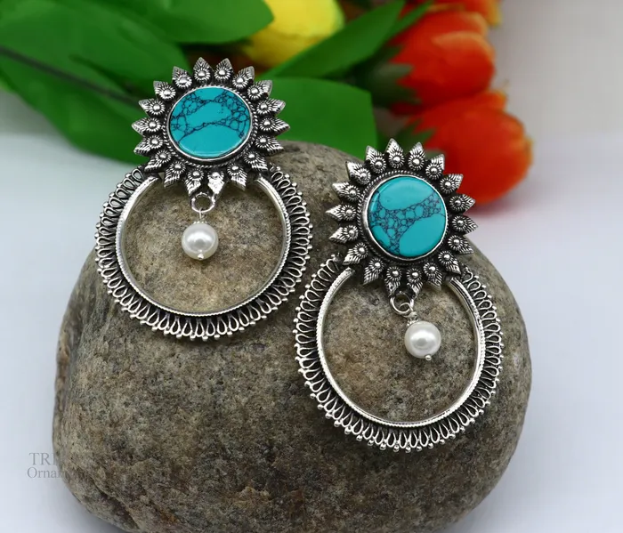 Earrings TRIBAL ORNAMENTS 925 sterling silver handmade stud earring stylish turquoise stone chandbali earring best wedding jewelry brides gifting earrings ear1141