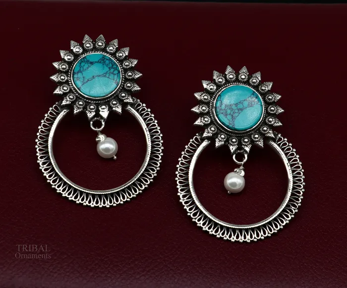 Earrings TRIBAL ORNAMENTS 925 sterling silver handmade stud earring stylish turquoise stone chandbali earring best wedding jewelry brides gifting earrings ear1141