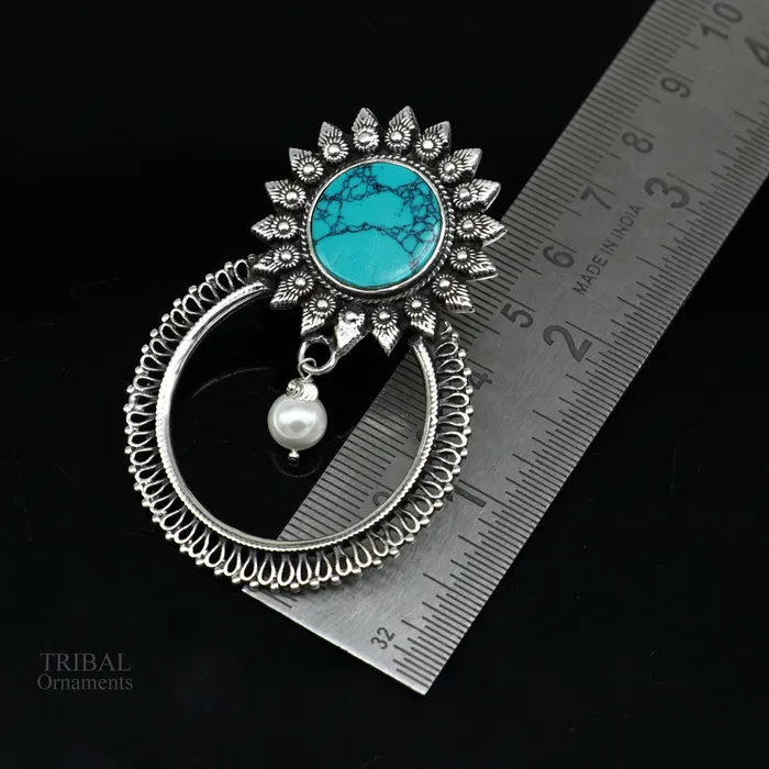 Earrings TRIBAL ORNAMENTS 925 sterling silver handmade stud earring stylish turquoise stone chandbali earring best wedding jewelry brides gifting earrings ear1141