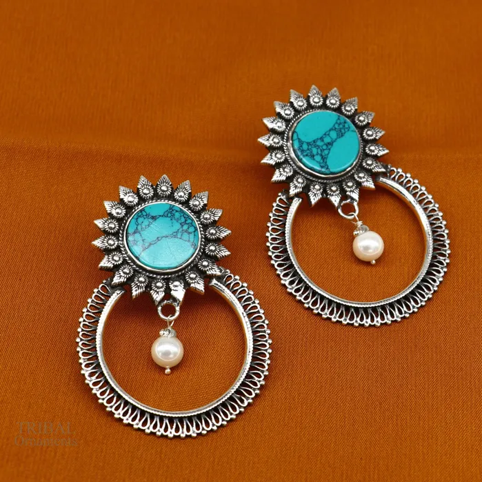 Earrings TRIBAL ORNAMENTS 925 sterling silver handmade stud earring stylish turquoise stone chandbali earring best wedding jewelry brides gifting earrings ear1141