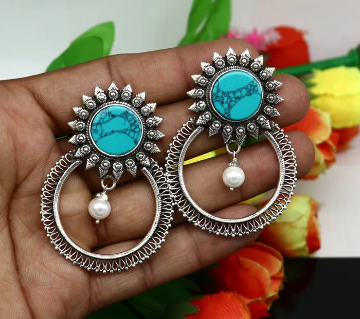 Earrings TRIBAL ORNAMENTS 925 sterling silver handmade stud earring stylish turquoise stone chandbali earring best wedding jewelry brides gifting earrings ear1141