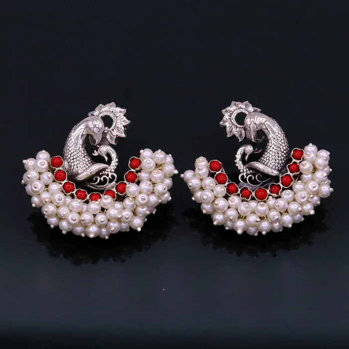 Earrings TRIBAL ORNAMENTS 925 sterling silver handmade vintage antique design peacock stud earring fabulous hanging pearl and red coral stone earring jewelry s705 Earrings TRIBAL ORNAMENTS 925 sterling silver handmade vintage antique design peacock stud earring fabulous hanging pearl and red coral stone earring jewelry s705