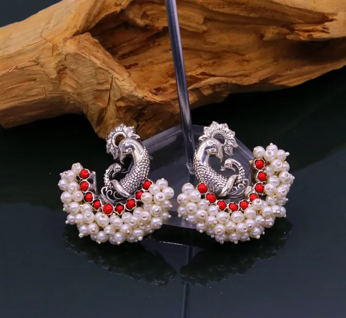 Earrings TRIBAL ORNAMENTS 925 sterling silver handmade vintage antique design peacock stud earring fabulous hanging pearl and red coral stone earring jewelry s705