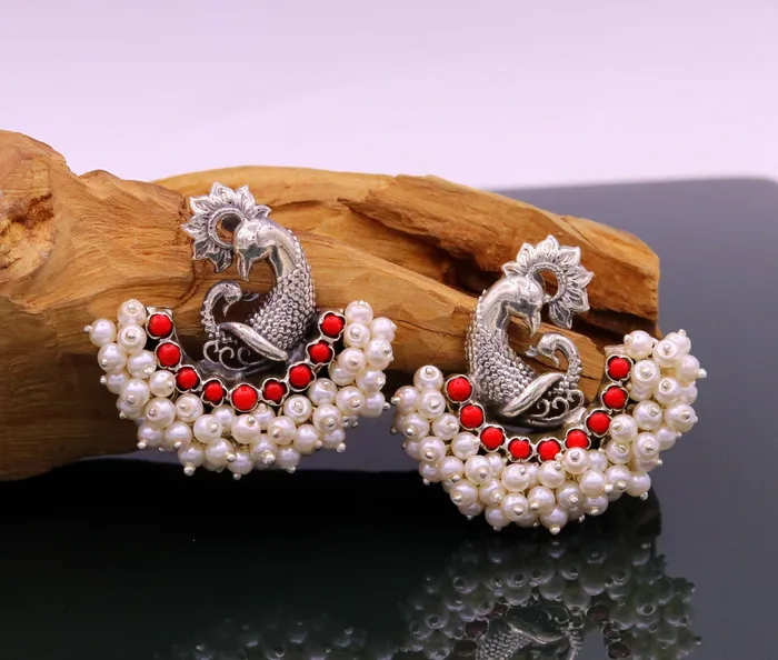 Earrings TRIBAL ORNAMENTS 925 sterling silver handmade vintage antique design peacock stud earring fabulous hanging pearl and red coral stone earring jewelry s705