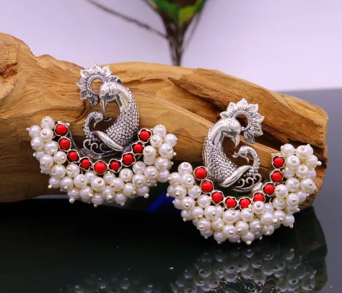 Earrings TRIBAL ORNAMENTS 925 sterling silver handmade vintage antique design peacock stud earring fabulous hanging pearl and red coral stone earring jewelry s705