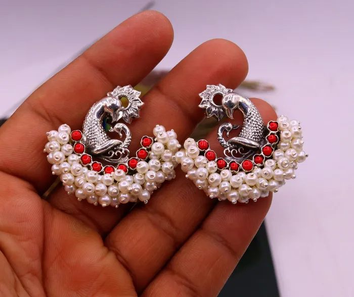 Earrings TRIBAL ORNAMENTS 925 sterling silver handmade vintage antique design peacock stud earring fabulous hanging pearl and red coral stone earring jewelry s705
