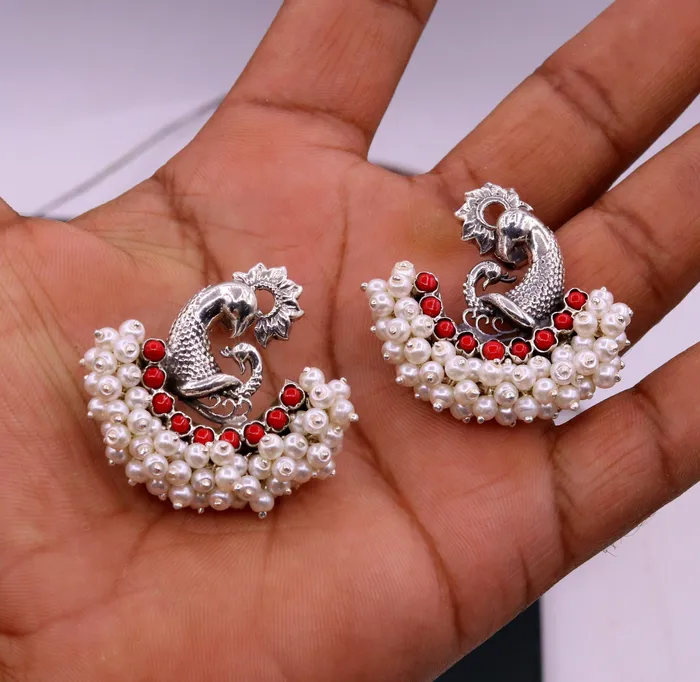 Earrings TRIBAL ORNAMENTS 925 sterling silver handmade vintage antique design peacock stud earring fabulous hanging pearl and red coral stone earring jewelry s705