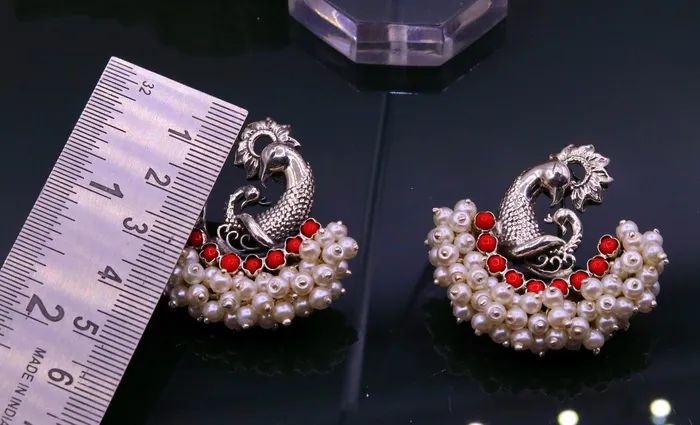 Earrings TRIBAL ORNAMENTS 925 sterling silver handmade vintage antique design peacock stud earring fabulous hanging pearl and red coral stone earring jewelry s705