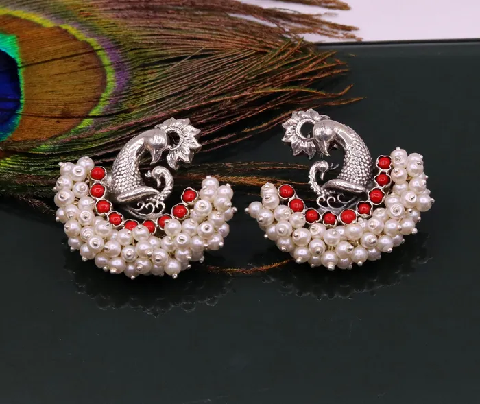 Earrings TRIBAL ORNAMENTS 925 sterling silver handmade vintage antique design peacock stud earring fabulous hanging pearl and red coral stone earring jewelry s705